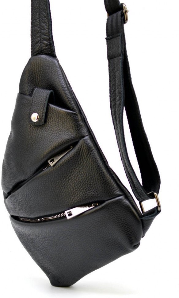 Тонкий кожаный мужской рюкзак-слинг через плечо в черном цвете TARWA (19626)