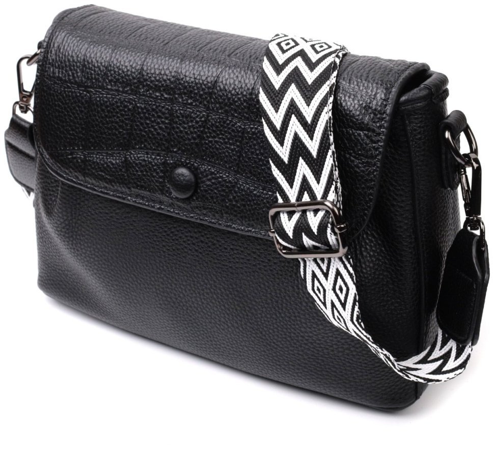 Кожаная женская сумка с текстильным ремнем Vintage 22330 Черная фото №1 Кожаная женская сумка с текстильным ремнем Vintage 22330 Черная modnotak фото №1