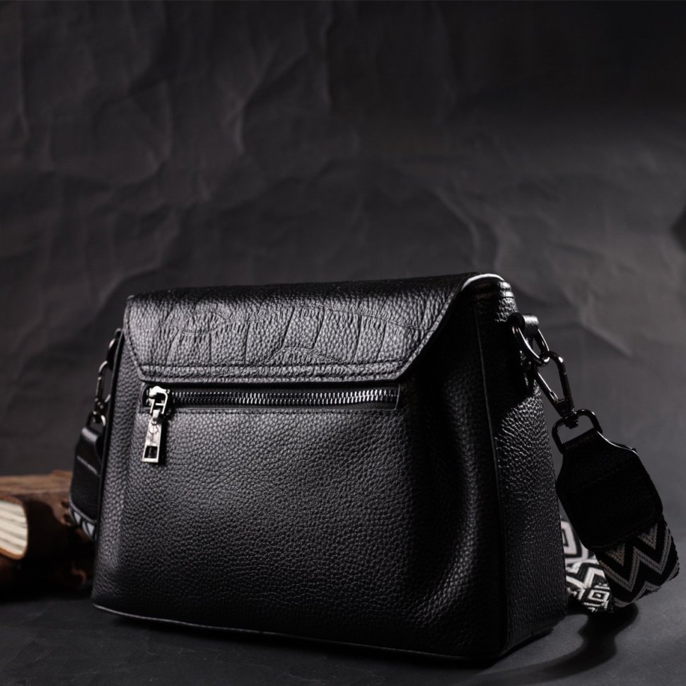 Кожаная женская сумка с текстильным ремнем Vintage 22330 Черная фото №9 Кожаная женская сумка с текстильным ремнем Vintage 22330 Черная modnotak фото №9