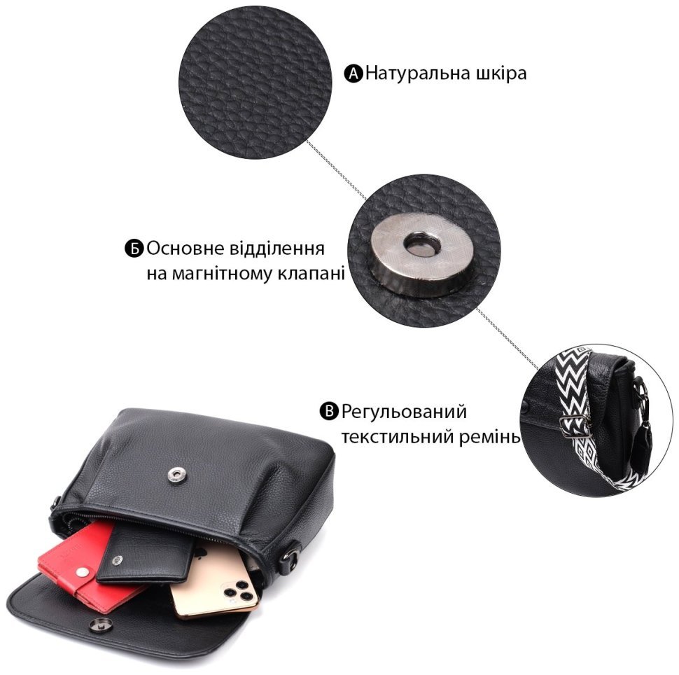 Кожаная женская сумка с текстильным ремнем Vintage 22330 Черная фото №12 Кожаная женская сумка с текстильным ремнем Vintage 22330 Черная modnotak фото №12