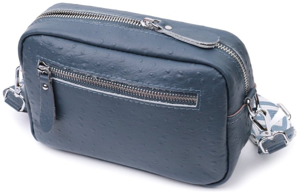 Женская сумка из фактурной натуральной кожи с текстильным ремнем Vintage 22661 Синяя modnotak фото №2