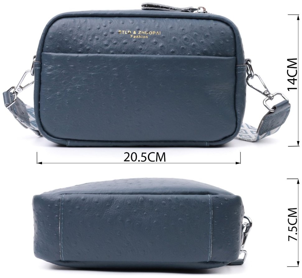 Женская сумка из фактурной натуральной кожи с текстильным ремнем Vintage 22661 Синяя modnotak фото №3