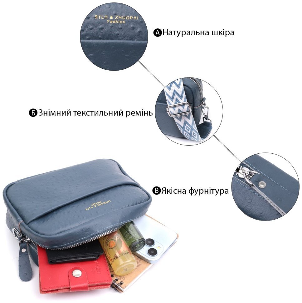 Женская сумка из фактурной натуральной кожи с текстильным ремнем Vintage 22661 Синяя modnotak фото №4