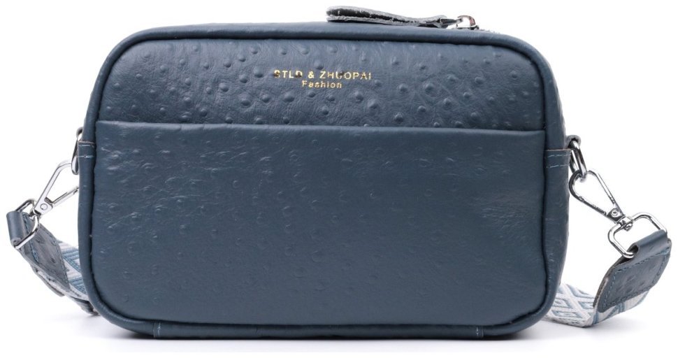 Женская сумка из фактурной натуральной кожи с текстильным ремнем Vintage 22661 Синяя modnotak фото №5