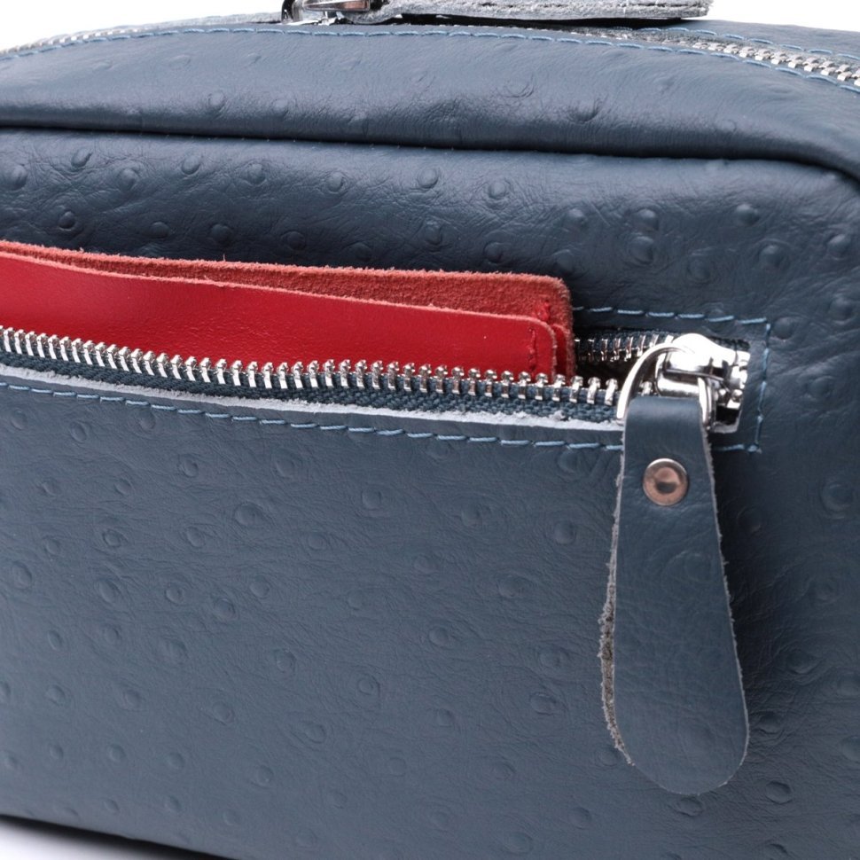 Женская сумка из фактурной натуральной кожи с текстильным ремнем Vintage 22661 Синяя modnotak фото №8