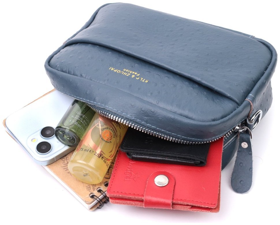 Женская сумка из фактурной натуральной кожи с текстильным ремнем Vintage 22661 Синяя modnotak фото №10