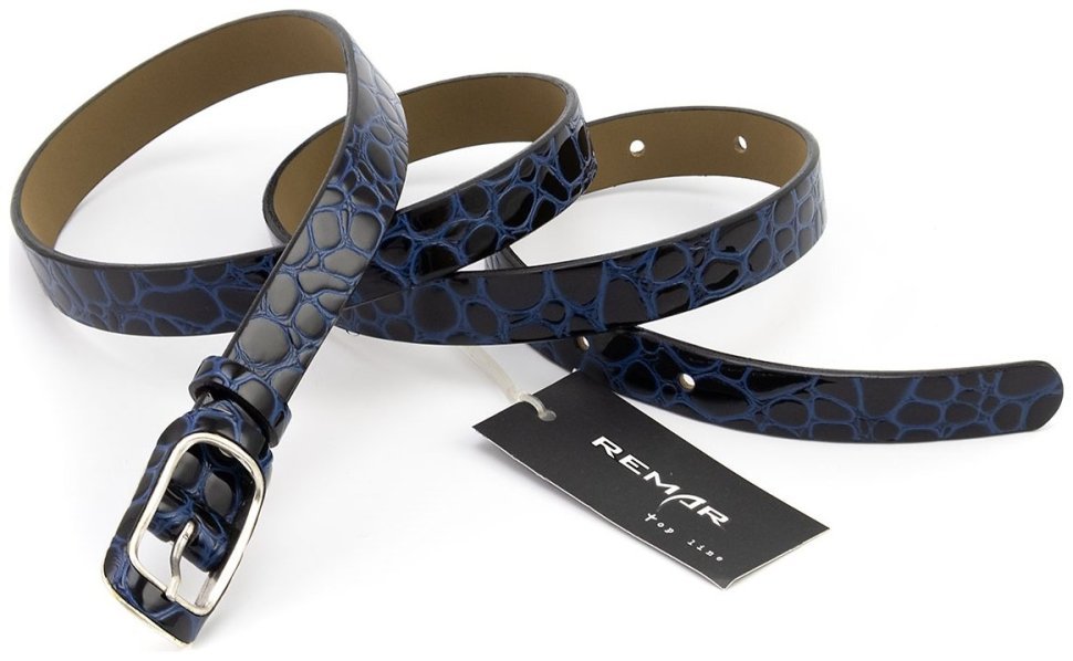 Синего цвета женский кожаный лаковый ремень фактура под рептилию Remar 21200 modnotak фото №3