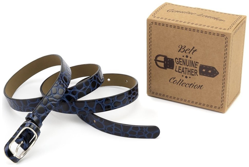 Синего цвета женский кожаный лаковый ремень фактура под рептилию Remar 21200 modnotak фото №5