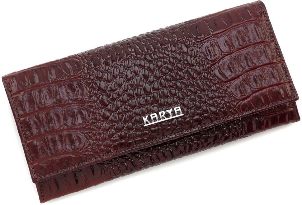 Довгий бордовий жіночий гаманець з натуральної шкіри з фактурою під рептилію KARYA (19013)