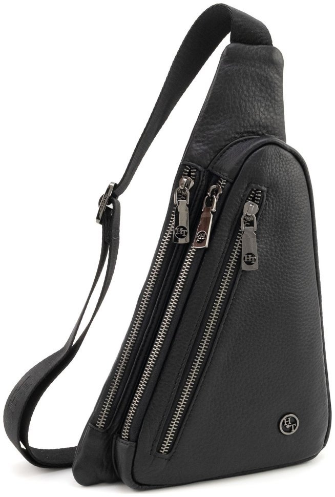 Мужская кожаная сумка-слинг через плечо H.T Leather 94505 (черная) modnotak фото №1