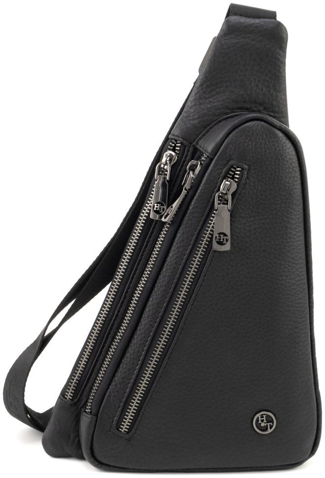 Мужская кожаная сумка-слинг через плечо H.T Leather 94505 (черная) modnotak фото №3