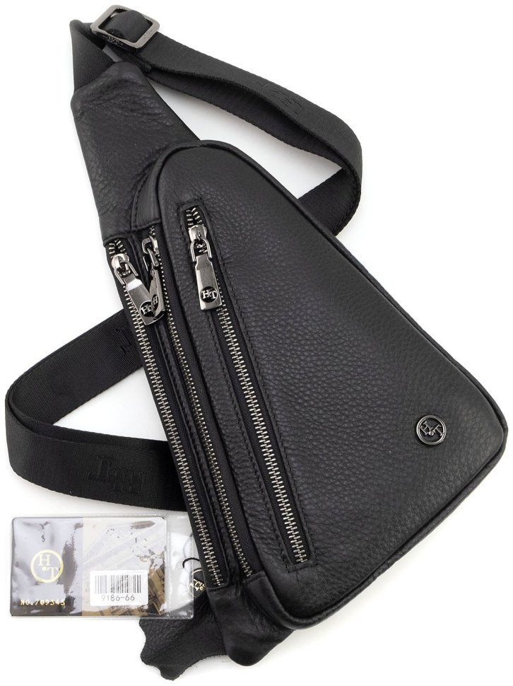 Мужская кожаная сумка-слинг через плечо H.T Leather 94505 (черная) modnotak фото №4