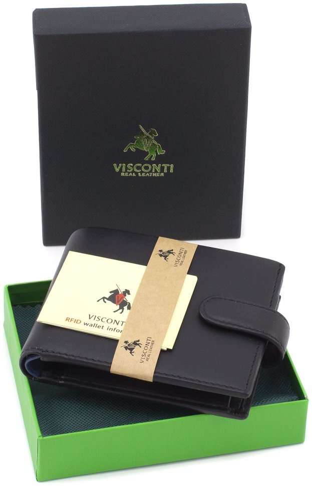 Горизонтальное мужское портмоне из гладкой кожи черного цвета c RFID - Visconti Vincent 68905
