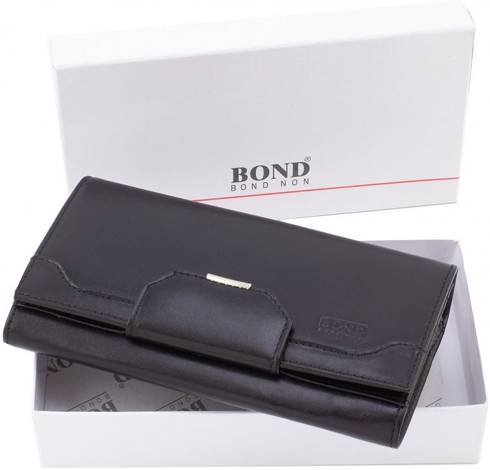 Кожаный женский кошелек черного цвета из натуральной кожи с гладкой поверхностью Bond Non (10913)