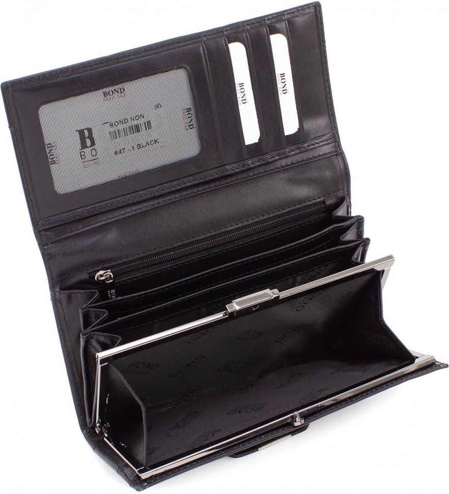 Шкіряний жіночий гаманець чорного кольору з натуральної шкіри з гладкою поверхнею Bond Non (10913)