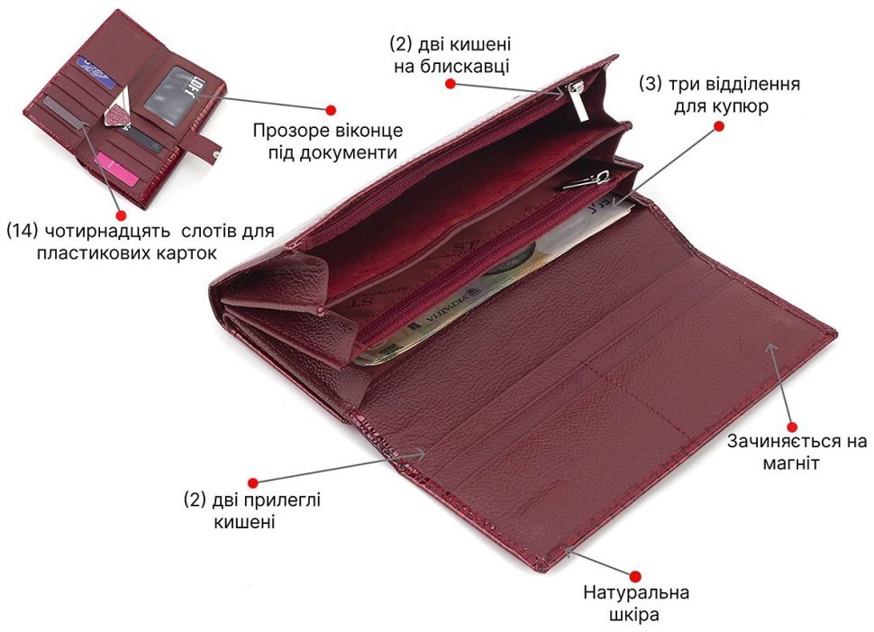 Великий жіночий гаманець із натуральної лакової шкіри червоного кольору на два відділи ST Leather 70806 фото №4 Великий жіночий гаманець із натуральної лакової шкіри червоного кольору на два відділи ST Leather 70806 modnotak фото №4