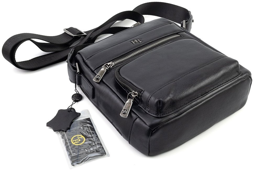 Чоловіча шкіряна сумка через плече з безліччю відділень HT Leather 111706 чорна modnotak фото №12