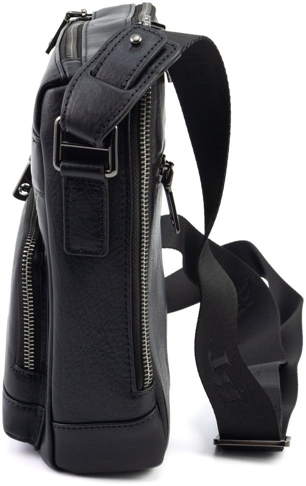 Чоловіча шкіряна сумка через плече з безліччю відділень HT Leather 111706 чорна modnotak фото №4