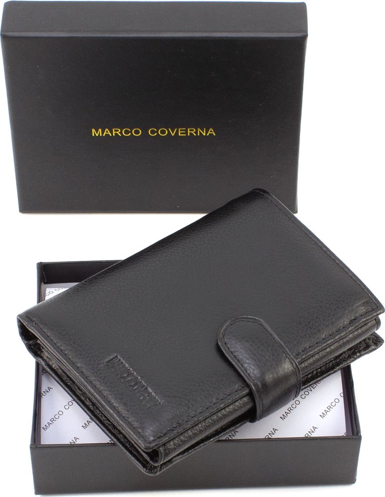 Чоловічий гаманець із м'якої телячої шкіри чорного кольору на кнопці Marco Coverna (21583)