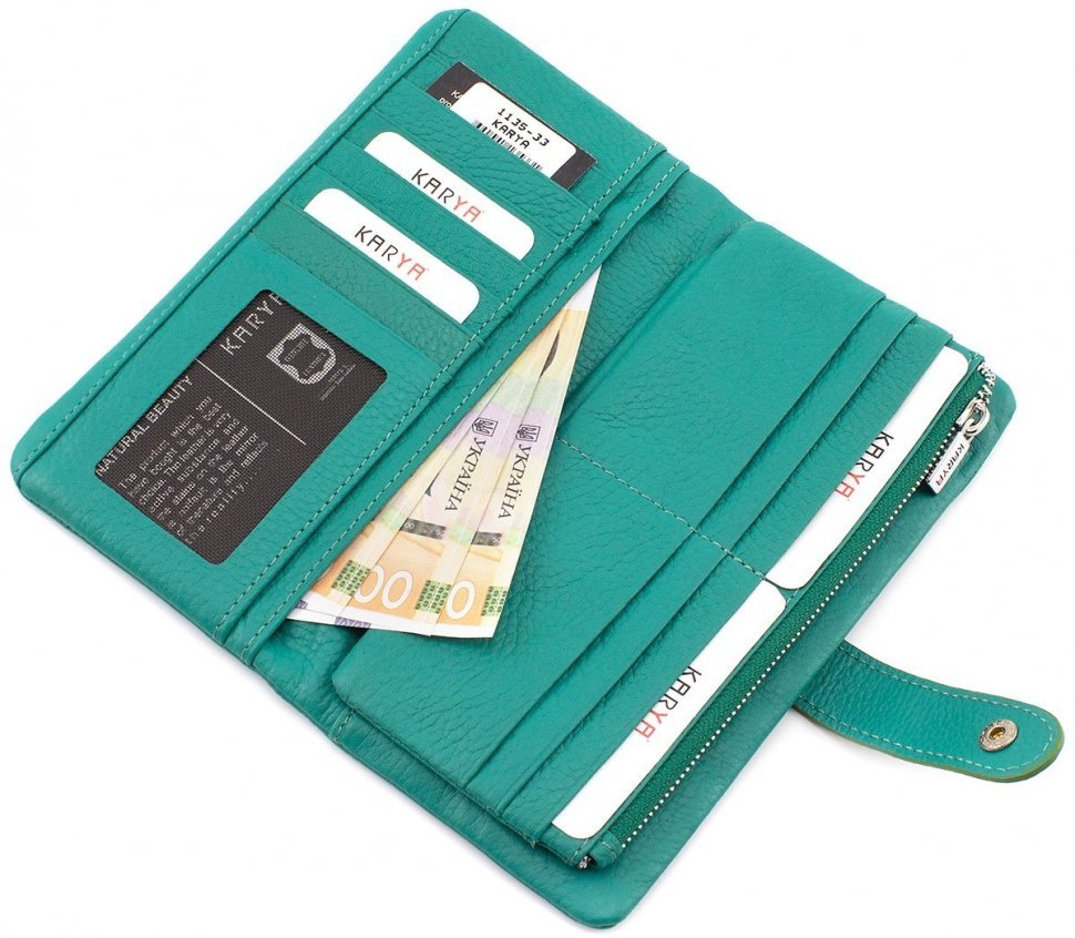 Зелений гаманець зі шкіри та фіксацією на хлястик KARYA (1135-33)