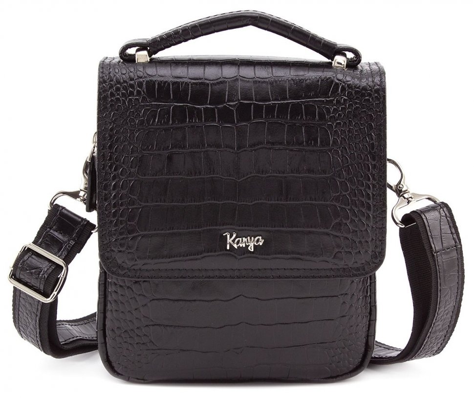 Кожаная сумка черного цвета с тиснением под крокодила KARYA (0795-53)