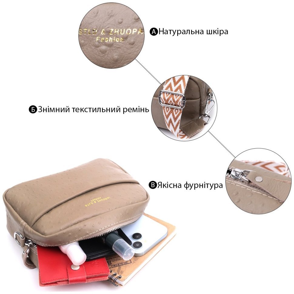 Фактурная женская сумка из кожи Vintage 22662 Бежевая modnotak фото №4