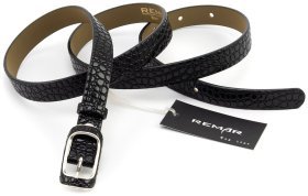 Вузький лаковий шкіряний ремінь із тестурою під рептилію Remar 21201 чорного кольору