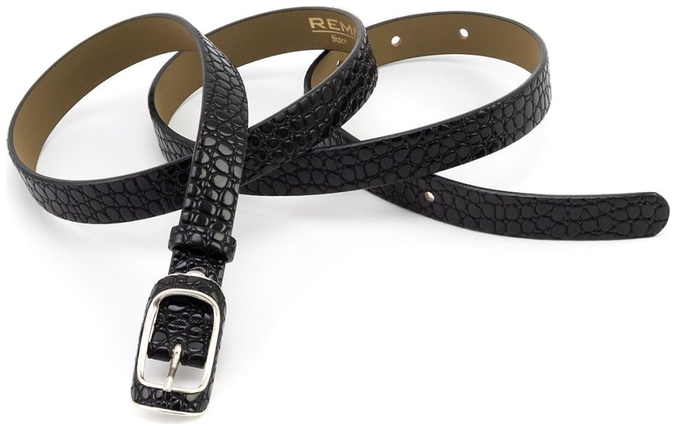 Узкий лаковый кожаный ремень с тестурой под рептилию Remar 21201 черного цвета modnotak фото №3