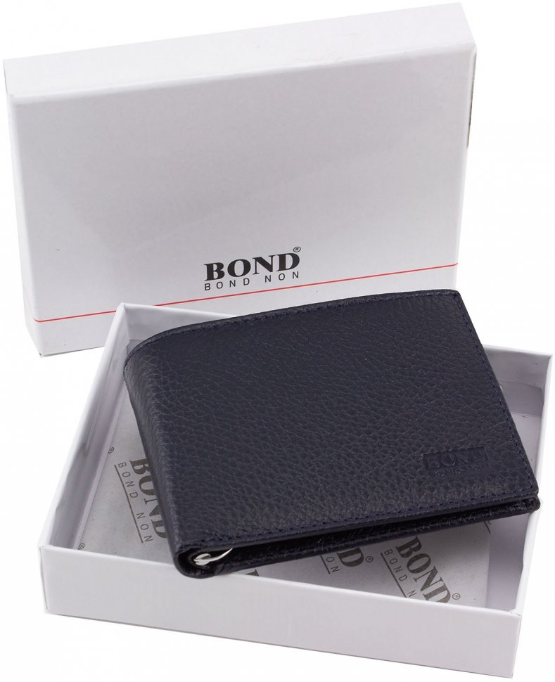 Шкіряне портмоне синього кольору із затискачем для купюр Bond Non (10633)