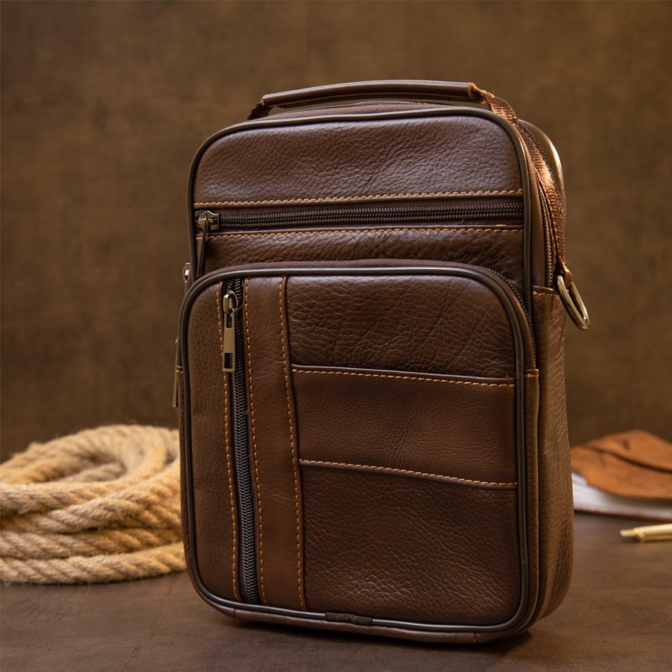 Темно-коричнева чоловіча сумка-барсетка з натуральної шкіри на блискавці Vintage (20434)