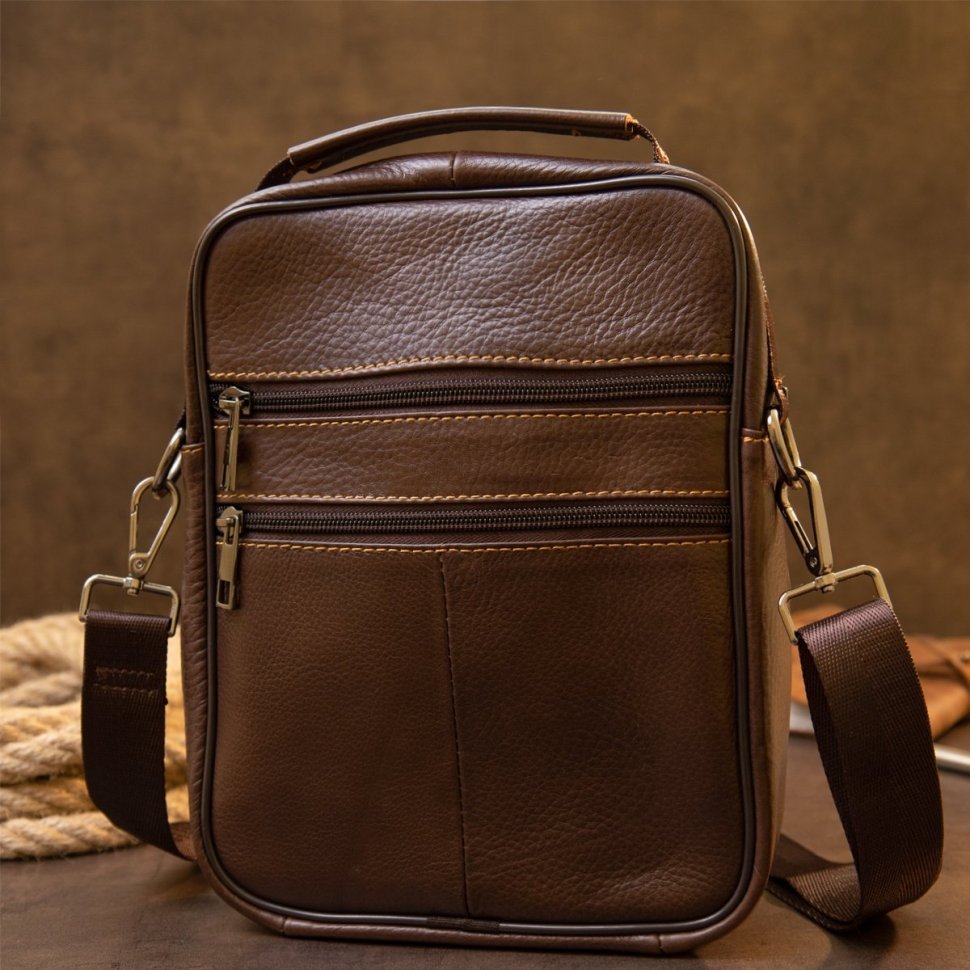 Темно-коричнева чоловіча сумка-барсетка з натуральної шкіри на блискавці Vintage (20434)