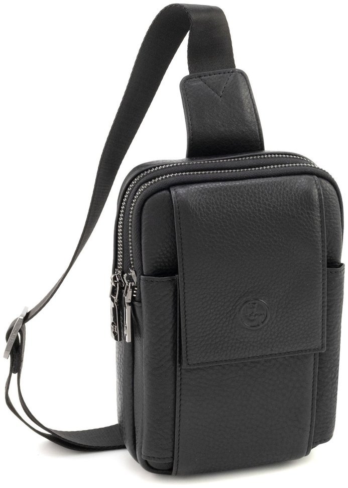 Мужская небольшая сумка-слинг из натуральной кожи в черном цвете H.T Leather 94506 modnotak фото №1