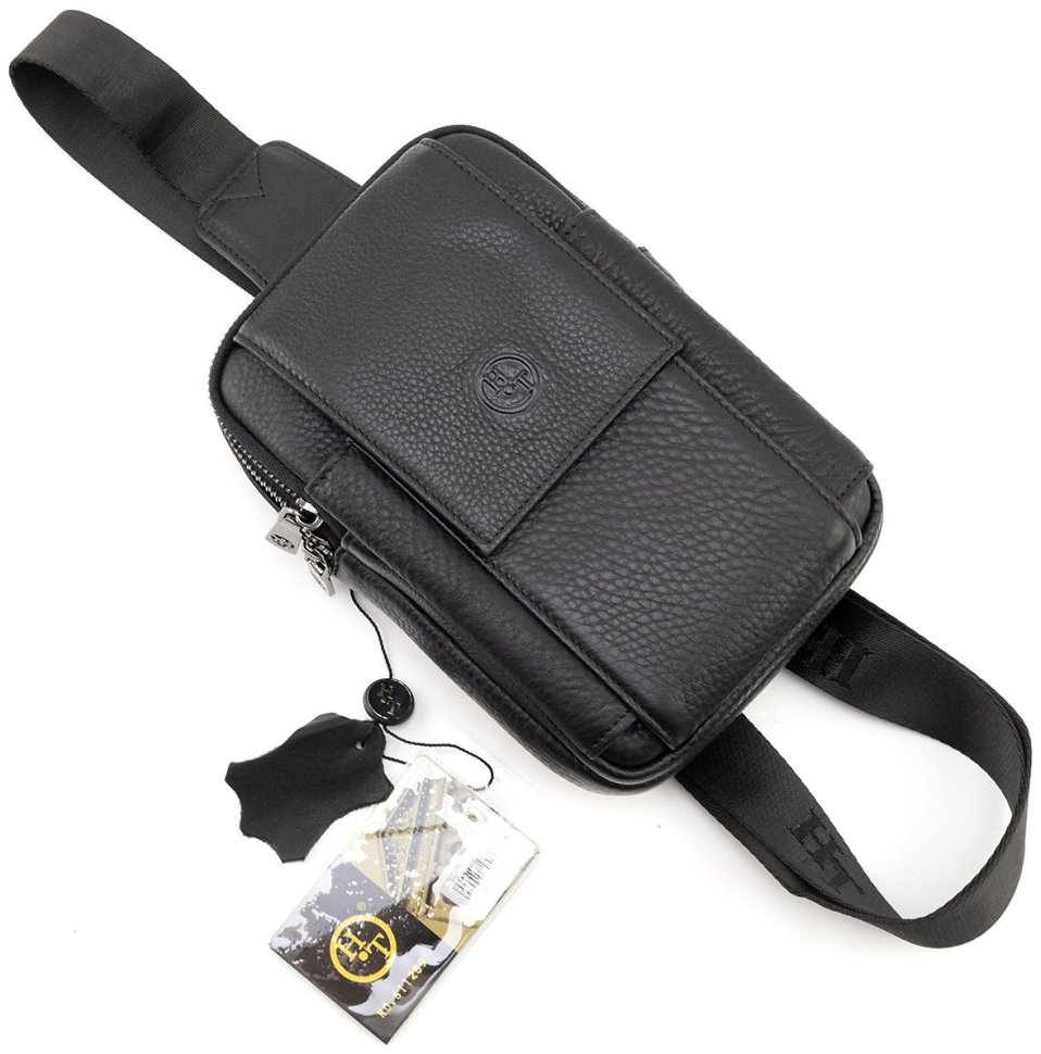 Мужская небольшая сумка-слинг из натуральной кожи в черном цвете H.T Leather 94506 modnotak фото №5
