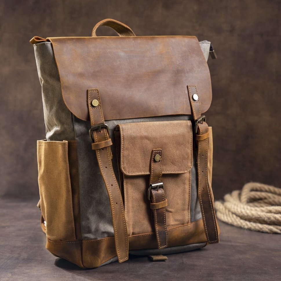 Зручний текстильний рюкзак сірого кольору з кишенями canvas Vintage (20111)