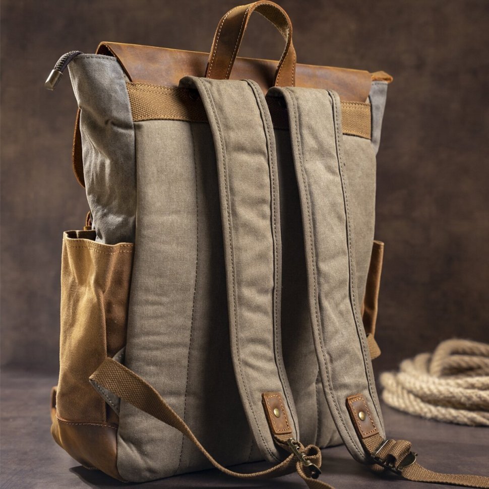 Зручний текстильний рюкзак сірого кольору з кишенями canvas Vintage (20111)