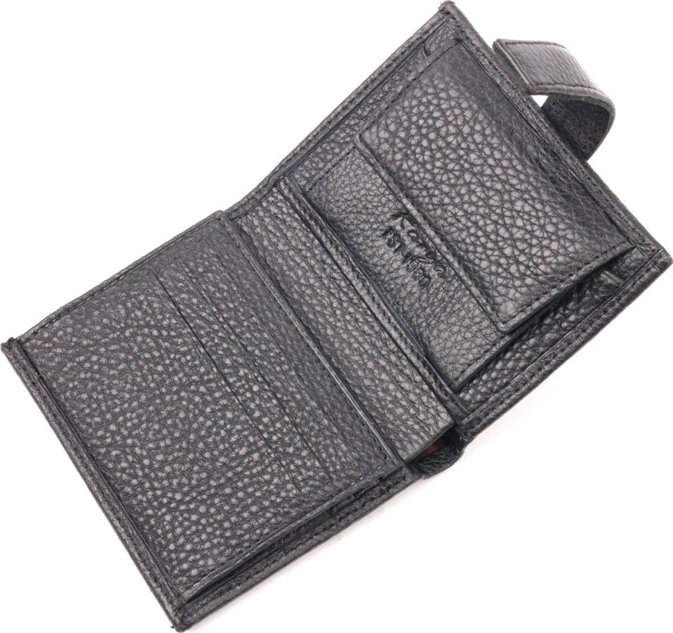 Чоловіче портмоне з натуральної зернистої шкіри чорного кольору з хлястиком на кнопці KARYA (2420992)