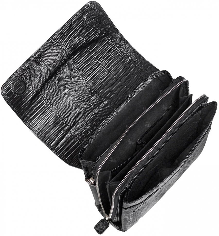 Черная наплечная сумка из натуральной кожи с тиснением Desisan (3026-143)