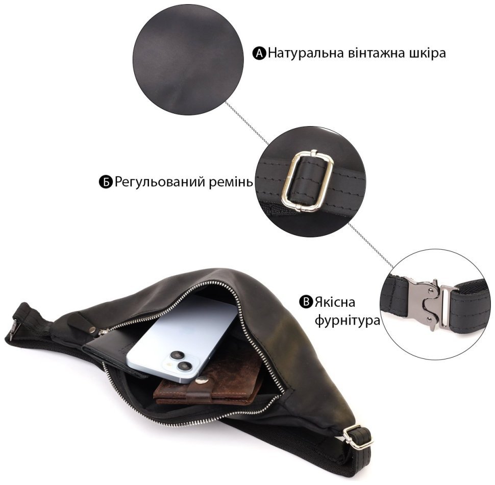 Классическая мужская сумка бананка из винтажной кожи черного цвета Shvigel 95106 фото №4 Классическая мужская сумка бананка из винтажной кожи черного цвета Shvigel 95106 modnotak фото №4