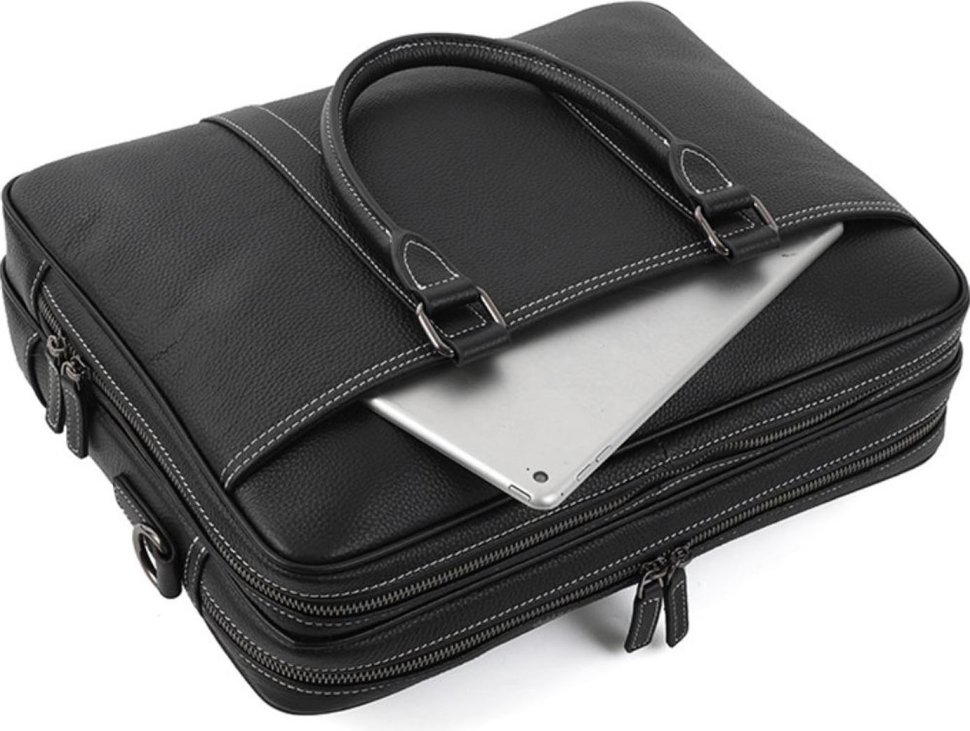 Стильная мужская сумка под ноутбук и документы из натуральной кожи со светлой строчкой Tiding Bag (21209)