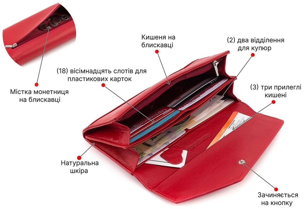 Червоний жіночий шкіряний гаманець з асиметричним клапаном на кнопці ST Leather 1767406 modnotak фото №4