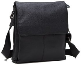 Мужская сумка на плечо из фактурной кожи черного цвета с откидным клапаном Tiding Bag 77506