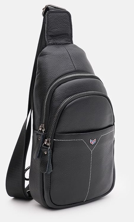 Чорний чоловічий слінг-рюкзак через плече із фактурної шкіри Keizer 71607