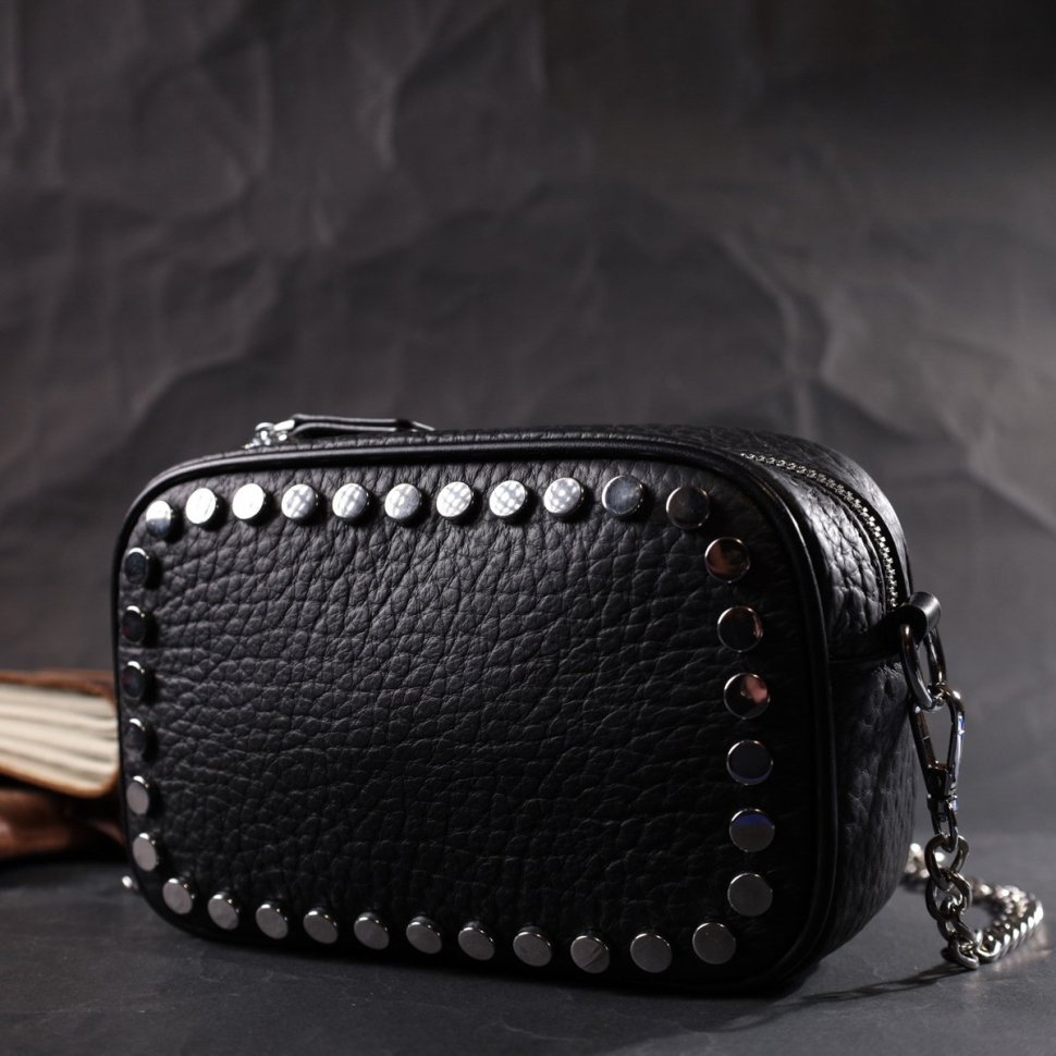 Кожаная женская сумка с металлическими кнопками Vintage 22333 Черная фото №7 Кожаная женская сумка с металлическими кнопками Vintage 22333 Черная modnotak фото №7