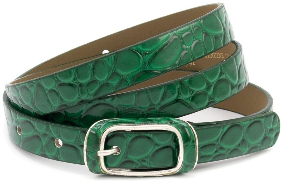 Узкий женский лаковый ремень с фактурой под рептилию Remar 21202 (зеленый) фото №1 Узкий женский лаковый ремень с фактурой под рептилию Remar 21202 (зеленый) modnotak фото №1