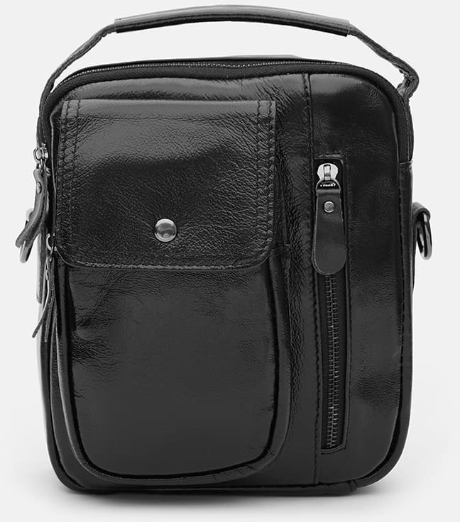 Чоловіча шкіряна сумка-барсетка насиченого чорного кольору на блискавці Keizer (21882)