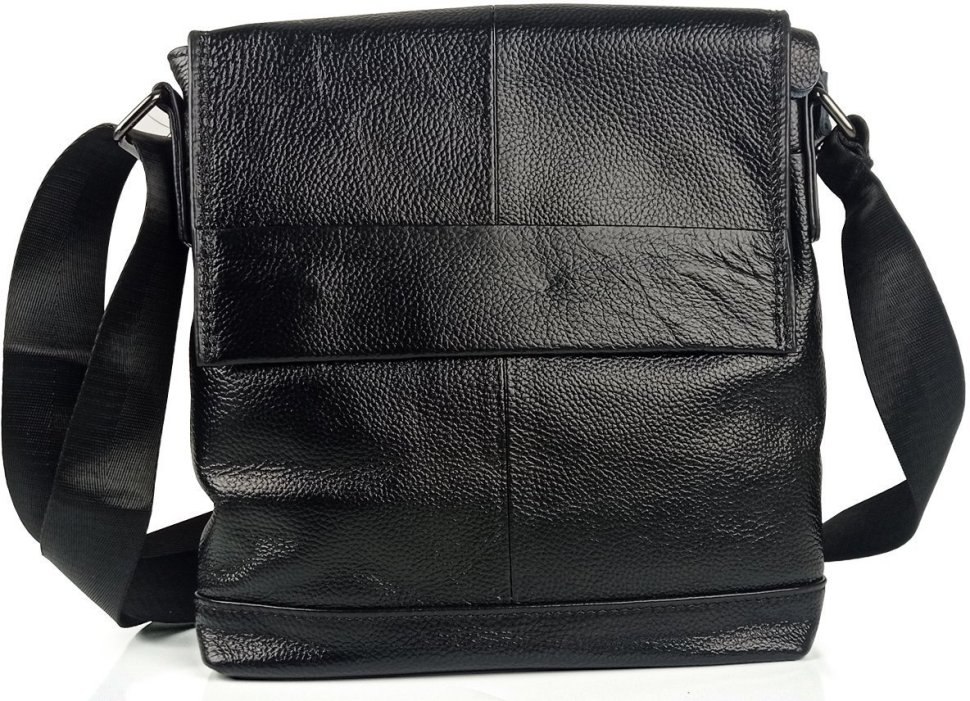 Наплечная мужская кожаная сумка-мессенджер с клапаном черного цвета Tiding Bag (15775)