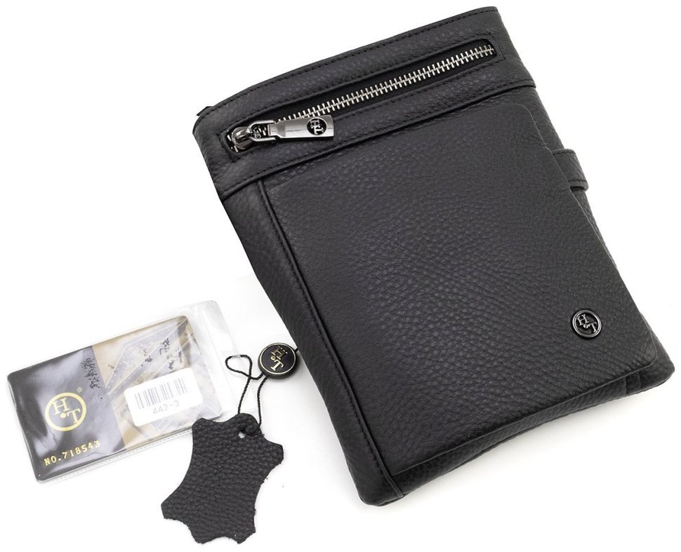 Мужская повседневная кожаная сумка через плечо H.T Leather 94507 черного цвета modnotak фото №7