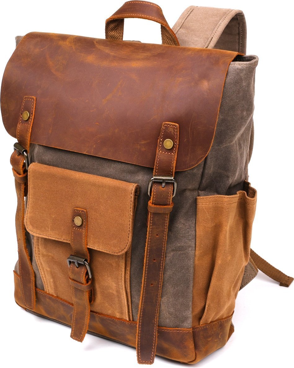 Світло-сірий текстильний рюкзак з боковими кишенями canvas Vintage