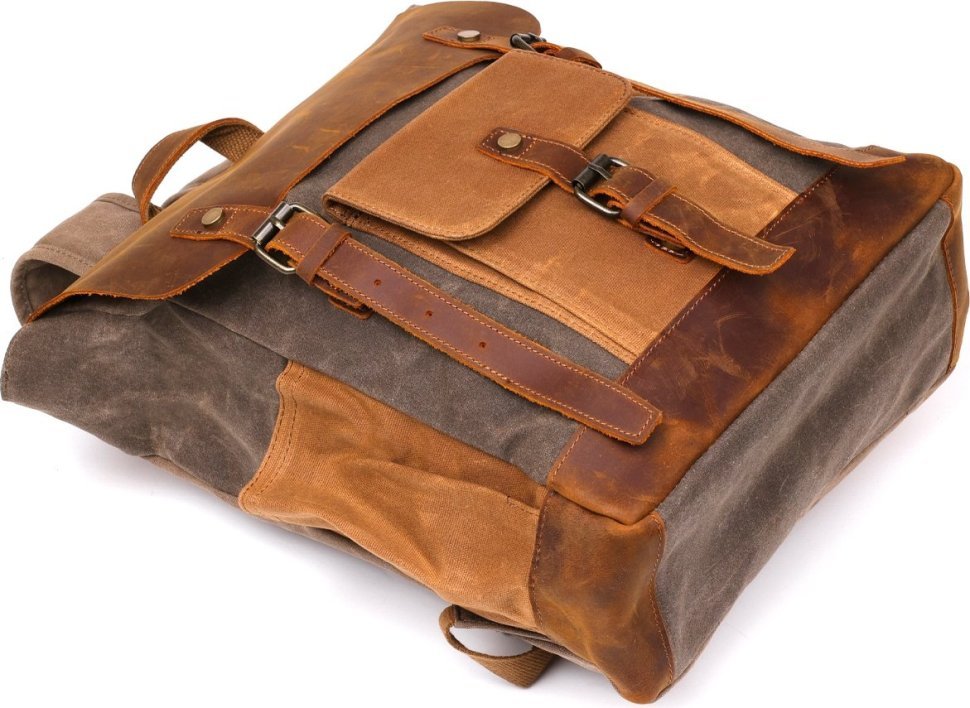 Светло-серый текстильный рюкзак с боковыми карманами canvas Vintage (20112)