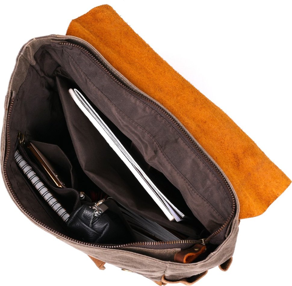 Светло-серый текстильный рюкзак с боковыми карманами canvas Vintage (20112)